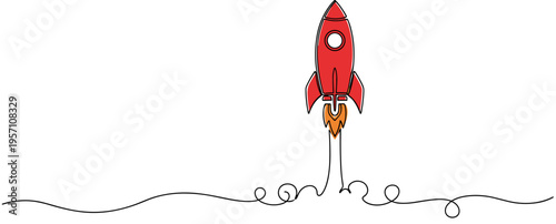 Rocket launching upward from continuous line in white background. no editable strokes