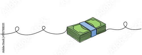 Stack of banknotes resting on looping line in white background. no editable strokes