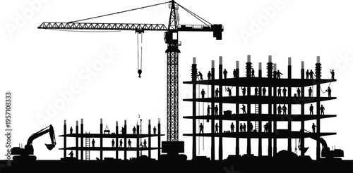 Construction site silhouette with tower crane, excavators, and workers building a multistory concrete structure on white background for industrial engineering and architectural projects.