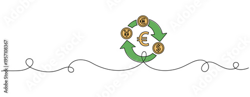 Currency icons rotating with recycling arrows on white background. no editable strokes