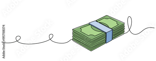 Stack of money resting on continuous line background. no editable strokes