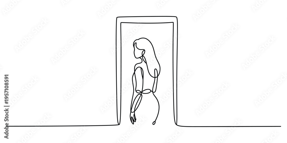 Fototapeta premium Minimalist one line drawing of a woman standing in a doorway looking back over her shoulder area