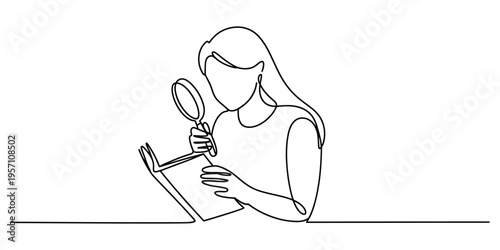 Continuous line drawing of a woman carefully examining the pages of a notebook with a magnifying glass