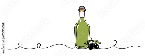 Olive oil bottle beside olives on simple continuous line. no editable strokes