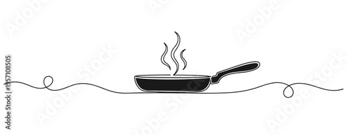 Frying pan emitting steam on continuous line kitchen illustration. no editable strokes