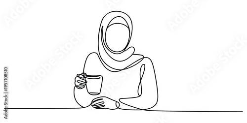 A single continuous line drawing of a woman wearing a hijab while holding a cup of hot beverage