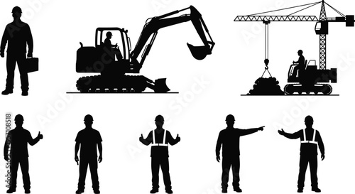 Construction worker and heavy machinery silhouettes including excavator crane operator and builders vector illustration set isolated on white background for building industry concept