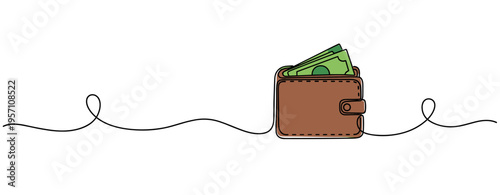 Leather wallet filled with cash on continuous line background. no editable strokes