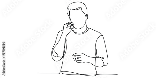 A single continuous line drawing of a thoughtful man touching his face with his hand in a gesture