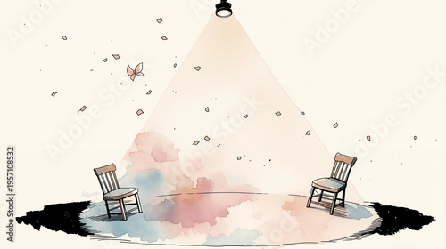 watercolor illustration of two empty wooden chairs under a single spotlight with falling petals, evocative stage or interview