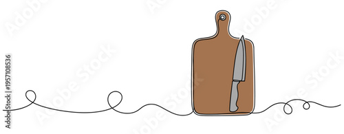 Wooden cutting board with chef knife placed on line background. no editable strokes