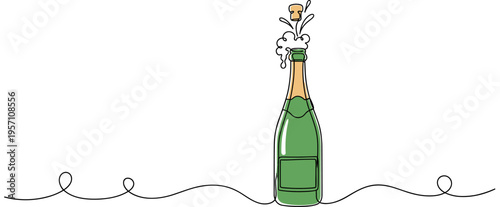 Champagne bottle popping cork with foam on white background. no editable strokes