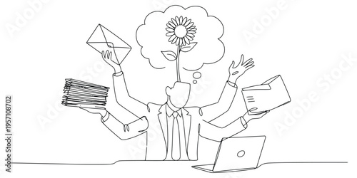 A business person multitasking with many arms while thinking about a blooming flower in a thought
