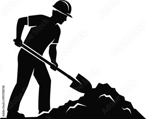 Construction worker silhouette digging with a shovel on a pile of dirt for building site development, manual labor, gardening, and industrial engineering projects.