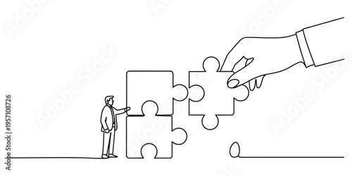 A business professional collaborating with a giant hand to assemble a set of interlocking puzzle