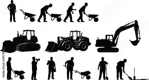Construction worker silhouettes collection with wheelbarrows, shovels, and heavy machinery including excavators and bulldozers for industrial building, site development, and civil engineering 