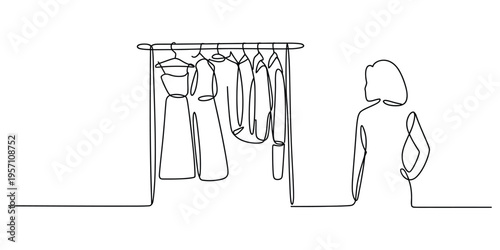 A continuous line drawing of a woman standing in front of a clothing rack filled with garments