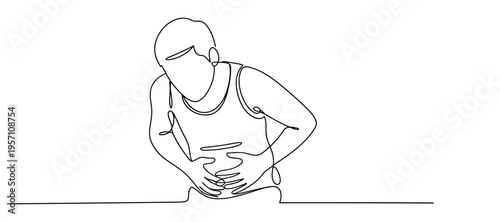 A single continuous line drawing of a person suffering from severe stomach ache or abdominal pain