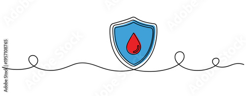 Shield with droplet symbol indicating protection on continuous line. no editable strokes