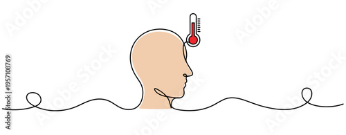 Human head with fever thermometer in continuous line drawing. no editable strokes