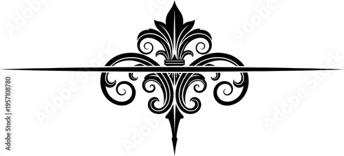 Black ornate fleur de lis design element with swirling patterns