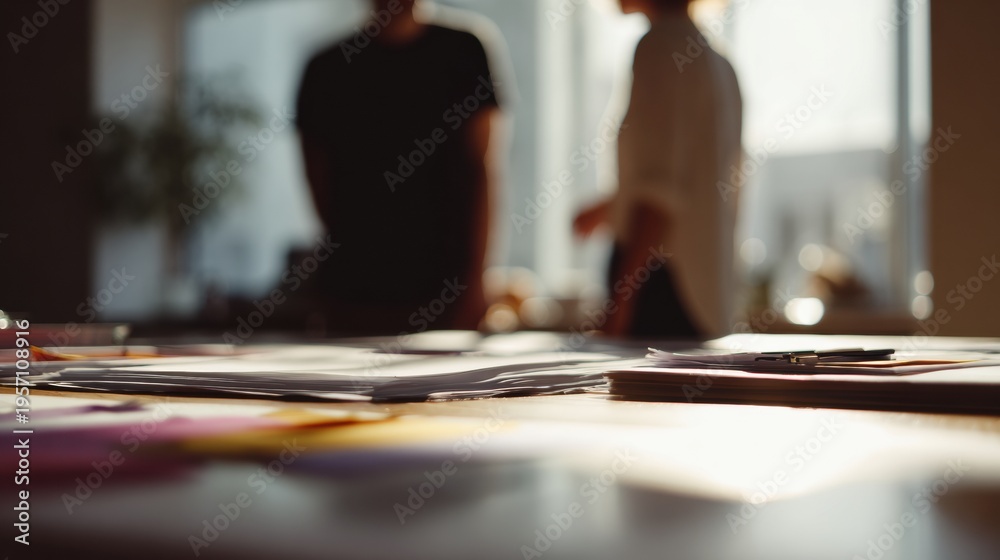 Fototapeta premium Startup Founders Review Contract at a Desk With Documents and Sticky Tabs While Soft Daylight Fills the Room