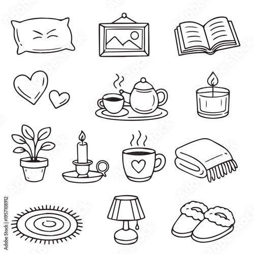 Cozy home set of doodle cartoon icons. Vector illustration elements of home accessories, comfort and everyday life.