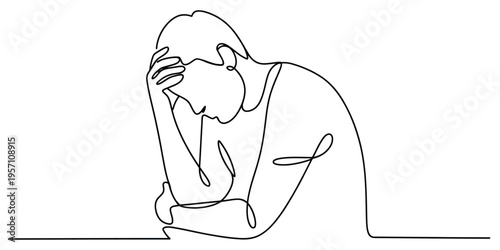 Continuous line drawing of a person feeling sad and stressed while holding their head in hand