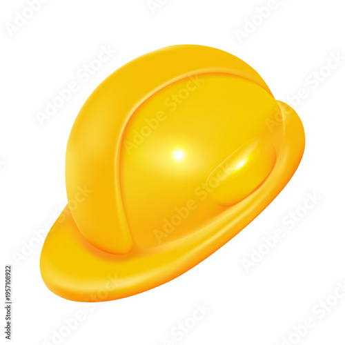 Yellow hard hat safety helmet 3d icon construction worker equipment engineering protection industrial plastic headgear vector illustration