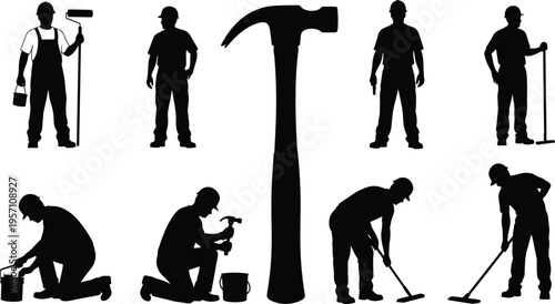 Construction Workers and Handyman Silhouette Set Featuring Male Laborers Painting Hammering Sweeping and Cleaning With Professional Tools In Protective Gear For Industrial Maintenance Projects