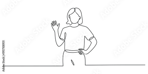 A single continuous line drawing of a young woman waving her hand in a friendly and casual manner