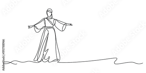 Continuous line drawing of a graceful woman in a long flowing dress standing with open arms wide