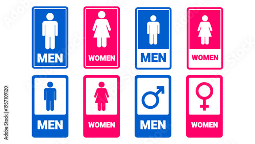 Toilet public signage symbol design set with men and women restroom icons blue and pink sign collection for universal facility navigation system