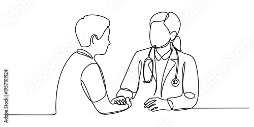 A single continuous line drawing showing a compassionate doctor comforting a patient in a clinic
