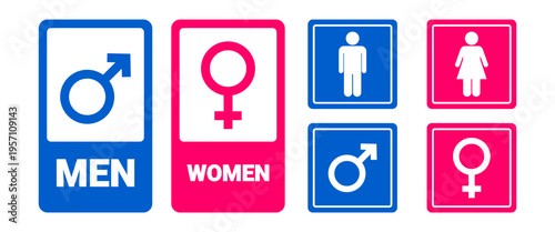 Isolated restroom symbol toilet sign set with men and women icons blue and pink signage collection for public facilities and navigation design