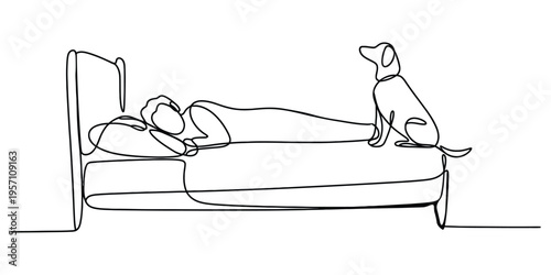 Continuous line drawing of a person sleeping in a bed while a loyal dog sits watching over them