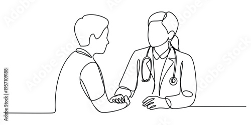Continuous line drawing of a caring doctor holding the hand of a patient during a consultation
