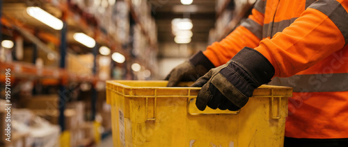 Warehouse worker wearing gloves handling yellow storage crate