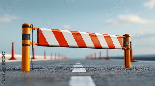 A roadblock barrier stretches across an empty highway with orange cones in the background under a blue sky.