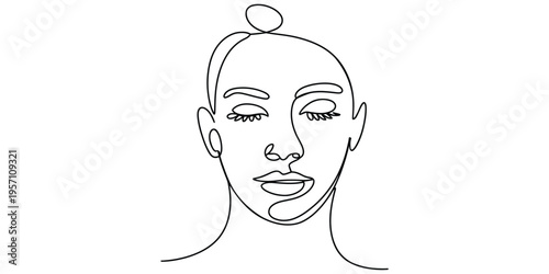 Minimalist continuous line drawing of a serene woman face with closed eyes and a simple hair bun