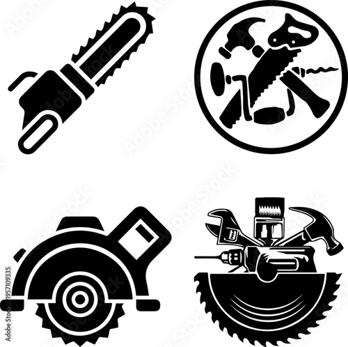 Industrial Carpentry and Power Tool Vector Icon Set with Chainsaw and Circular Saw