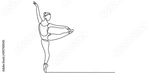 Continuous line drawing of a graceful female ballerina performing a delicate dance movement pose