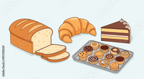 Assortment of freshly baked bread, pastries, and cakes.