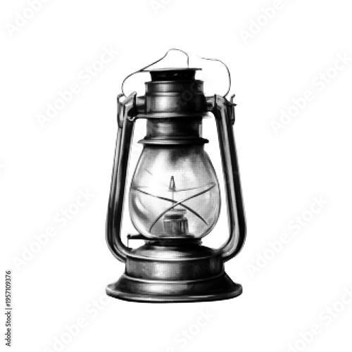 Monochrome halftone illustration of vintage kerosene lantern, retro lighting device, camping and survival concept, minimal design isolated on white background.
