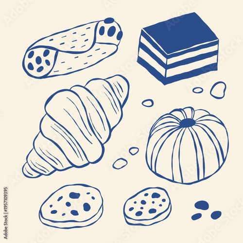 Sketch-style pastries: croissant, layered cake, muffin, and cookies
