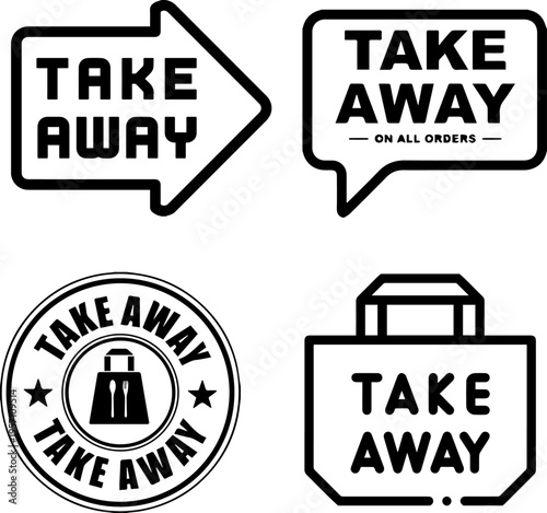 Take Away and Food Delivery Service Icons Set, Restaurant Pickup Labels with Shopping Bag and Speech Bubble Signs