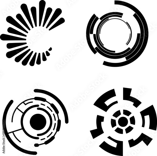 Futuristic Circular Interface Elements Set, Abstract Sci-Fi HUD Decals and Tech Infographic Signs