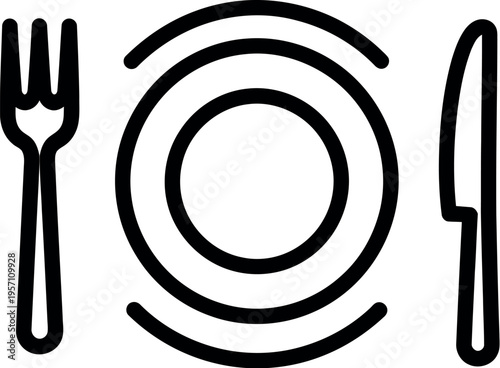 Black and white icon of plate with fork and knife