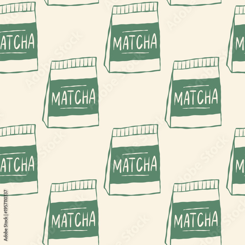 Repeating design of matcha tea bags on cream background