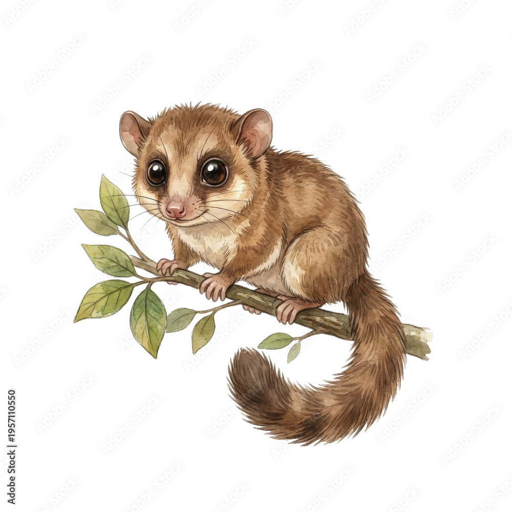 Fototapeta premium A cute, small, fluffy possum with big dark eyes sits on a tree branch with green leaves.